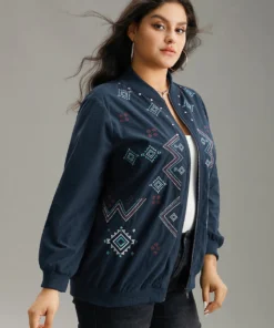 Corduroy Geo Embroidered Zipper Fly Jacket -Clothing Shop 100197960 qz