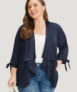 Anti-Wrinkle Solid Open Front Knot Sleeve Waterfall Collar Blazer -Clothing Shop 10024861 ub