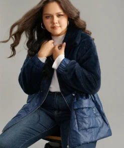 Fuzzy Patchwork Zipper Drawstring Coat -Clothing Shop 101790862 rf