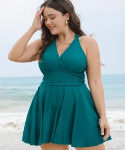 Solid Ruffle Hem Empire Waist Halter Neck Swim Dress