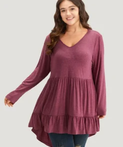 Solid Ruffle Layered Gathered High Low Hem T-shirt -Clothing Shop 102294390 nv