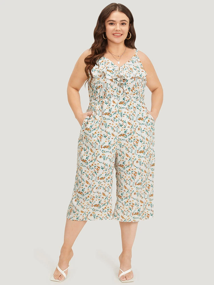 Ditsy Floral Ruffle Trim Pocket Wrap Cami Jumpsuit 3 Ditsy Floral Ruffle Trim Pocket Wrap Cami Jumpsuit