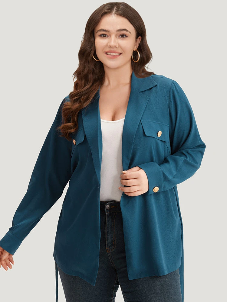 Plain Lapel Collar Belted Metal Detail Blazer 3 Plain Lapel Collar Belted Metal Detail Blazer