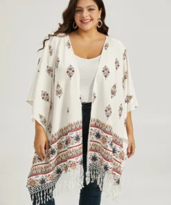 Boho Print Asymmetrical Hem Tassel Trim Drape Kimono -Clothing Shop 10351846 uu