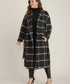 Plaid Lapel Collar Pocket Belted Open Front Coat -Clothing Shop 103770942 do