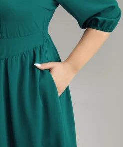 Anti-Wrinkle Square Neck Pleated Gathered Dress -Clothing Shop 104561205 jn