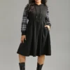 Plaid Patchwork Drawstring Pocket Hooded Dress