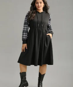 Plaid Patchwork Drawstring Pocket Hooded Dress