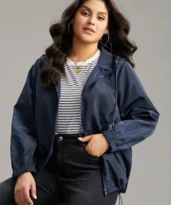 Solid Drawstring Zipper Hooded Jacket