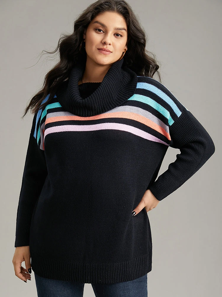 Rainbow Striped Turtle Neck Drop Shoulder Pullover 3 Rainbow Striped Turtle Neck Drop Shoulder Pullover