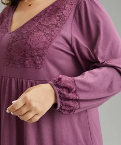 Lace Patchwork Gathered Lantern Sleeve T-shirt -Clothing Shop 108820442 na