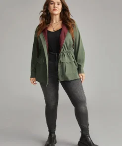 Contrast Hooded Drawstring Flap Pocket Coat -Clothing Shop 109066162 pv