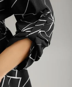 Geometric Print Tab Sleeve Belted Wrap Blouse -Clothing Shop 109115131 al