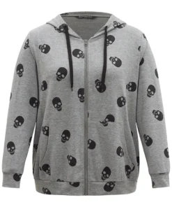 Halloween Skull Print Pocket Zipper Hooded Sweatshirt -Clothing Shop 109154118 xw 4d3040c1 875b 43e1 a339 7584dae78c55
