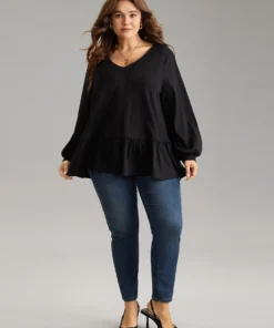 Plain Texture Ruffle Hem Lantern Sleeve T-shirt -Clothing Shop 109430671 dl
