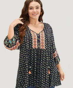 Bandana Print Lantern Sleeve Tassels Tie Neck Blouse -Clothing Shop 109750354 pz