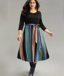 Striped Contrast Patchwork Belted Dress -Clothing Shop 109979115 wk