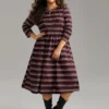 Striped Print Round Neck Pocket Elastic Waist Dress -Clothing Shop 110160230 vg