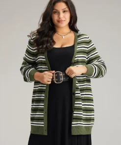 Striped Contrast Elastic Cuffs Button Through Cardigan
