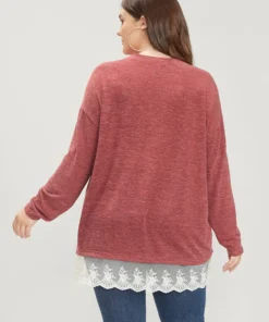 Solid Round Neck Lace Hem Long Tee -Clothing Shop 111082071 yu