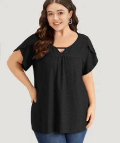 Plain Geometric Eyelet Keyhole Petal Sleeve T-shirt -Clothing Shop 111155638 cz d1142980 c08d 4d32 b18a 8f899422e9e4