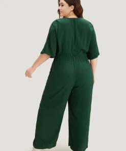 Plain Textured V Neck Pocket Button Through Drawstring Jumpsuit -Clothing Shop 111500562 zc