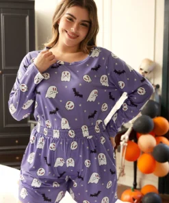 Halloween Bat Print Crew Neck Sleep Top -Clothing Shop 111519843 ru