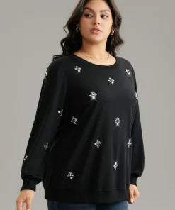 Beaded Floral Elastic Cuffs Sweatshirt -Clothing Shop 112165972 gj