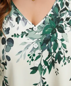 Plants Print Lantern Sleeve Button Detail Blouse -Clothing Shop 112367890 zd