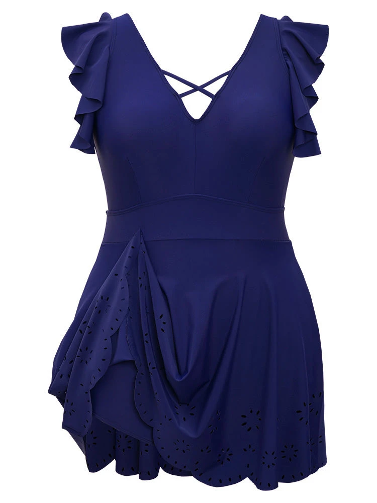 Laser Cut Ruffle Trim Crisscross Neck Scalloped Swim Dress 15 Laser Cut Ruffle Trim Crisscross Neck Scalloped Swim Dress - Image 13