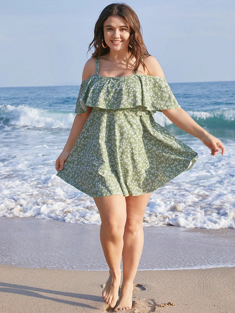 Ditsy Floral Cold Shoulder Sculpt Waist Ruffles Swim Dress 4 Ditsy Floral Cold Shoulder Sculpt Waist Ruffles Swim Dress - Image 2