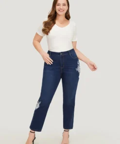 Floral Embroidered Very Stretchy High Rise Jeans -Clothing Shop 113164522 fo
