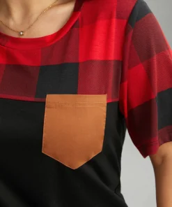 Plaid Contrast Patchwork Pocket Round Neck T-shirt -Clothing Shop 113350635 gk