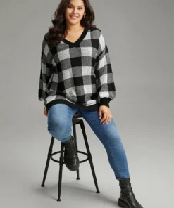 V Neck Plaid Elastic Cuffs Pullover -Clothing Shop 113608635 au