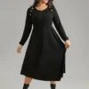 Solid Rib Knit Button Detail Elastic Waist Dress -Clothing Shop 114076409 iw