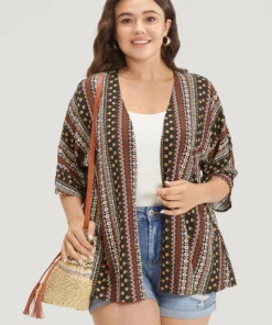 Boho Print Open Front Half Sleeve Kimono -Clothing Shop 114130255 zw