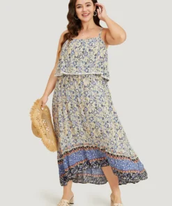 Bandana Spaghetti Strap Pompom Trim Pocket Ruffles Maxi Dress