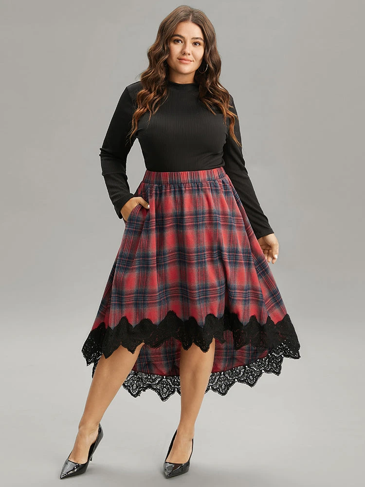 Plaid Lace Panel Pocket High Low Hem Skirt 3 Plaid Lace Panel Pocket High Low Hem Skirt