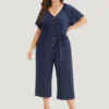 Solid Button Up V Neck Belted Gathered Flutter Sleeve Jumpsuit -Clothing Shop 114319956 hl