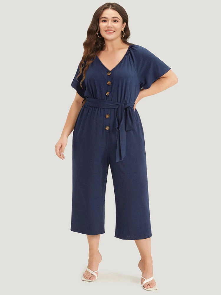 Solid Button Up V Neck Belted Gathered Flutter Sleeve Jumpsuit 3 Solid Button Up V Neck Belted Gathered Flutter Sleeve Jumpsuit