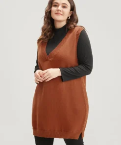 Solid Pointelle Knit V Neck Sleeveless Knit Top -Clothing Shop 114769179 tl