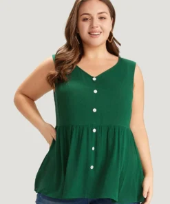 Plain Flutter Hem Button Detail Tank Top -Clothing Shop 115212766 xa