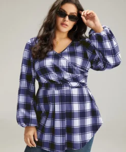 Plaid Curved Hem Lantern Sleeve T-shirt -Clothing Shop 115312418 xc 9172e4e9 9858 4783 baee 0650e4850352