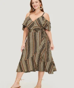 Bandana Pocket Ruffle Trim Cold Shoulder Dress -Clothing Shop 115686321 eg