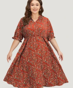 Ditsy Floral Notched Flutter Trim Elastic Waist Dress -Clothing Shop 115725111 ey f38b4b8b 772a 4c02 9858 8117d2e70ce8