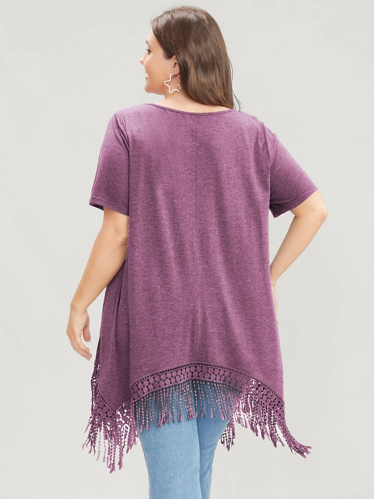 Solid Round Neck Lace Fringe Hem T-shirt 22 Solid Round Neck Lace Fringe Hem T-shirt - Image 20