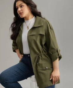 Solid Zipper Drawstring Tab Sleeve Trench Coat -Clothing Shop 117144198 iy