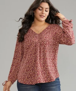 Ditsy Floral Ties V Neck Pleated Blouse 13 Ditsy Floral Ties V Neck Pleated Blouse -Clothing Shop 117705734 fz
