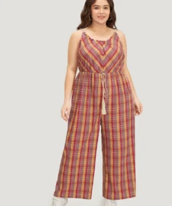 Plaid Print Tassels Knotted Pocket Cami Jumpsuit -Clothing Shop 118316906 wg