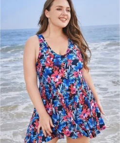 Floral Print Ruffles Sculpt Waist A Line Swim Dress -Clothing Shop 118502770 mt